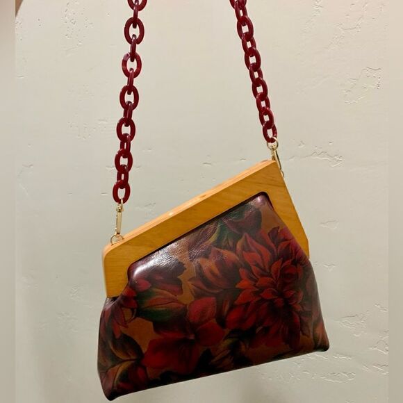 Handmade Genuine Premium Leather Floral Print Wooden Frame Bag with 2 Straps - Picture 6 of 16
